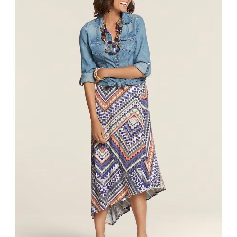 #12 Chico’s Women Asymmetrical Midi Skirt Sz 2 Aztec Pattern